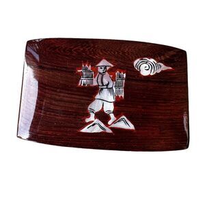 Vintage Asian Wood Box 3.5 Inch Compact Mirror Comb Shell Inlay Glossy Finish‎
